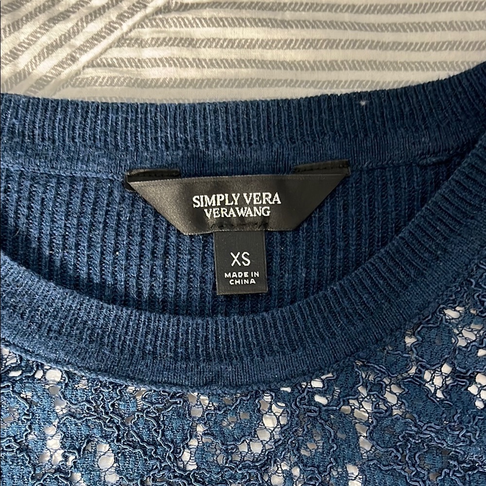 Simply Vera Vera Wang Blue Crew Neck Sweater with Lace Overlay - Picture 4 of 8